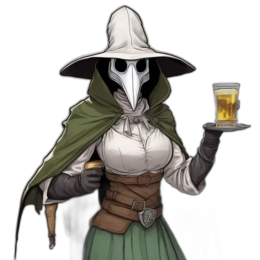 mask, staff, hat, concept art, fantasy art, pixel art, anime, monochrome transparent PNG cut-out