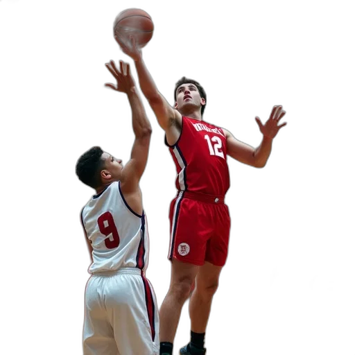 basketball, player, red, white, uniform, reaching, out, block transparent PNG cut-out