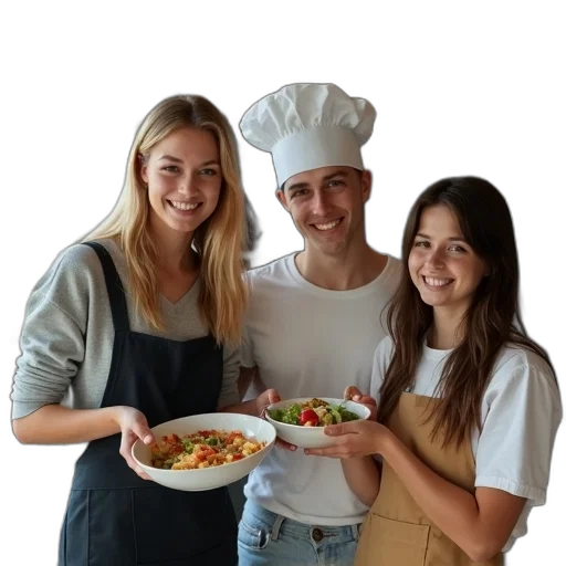 staff, food, hat, photorealistic, group, young, people, gathered transparent PNG cut-out