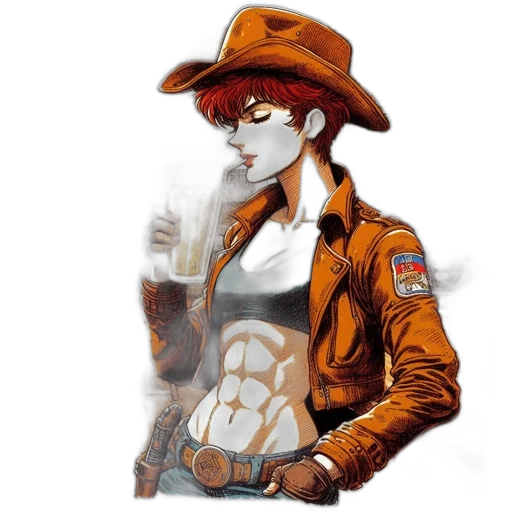 jacket, hat, robot, staff, comic book art, concept art, anime, cartoon transparent PNG cut-out