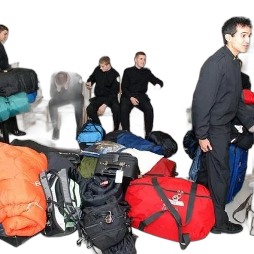 group, men, black, uniforms, stand, around, pile, luggage transparent PNG cut-out