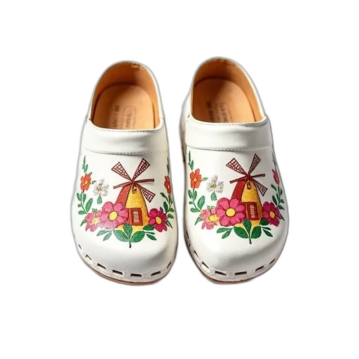 shoes, pair, white, clogs, colorful, floral, windmill, designs transparent PNG cut-out
