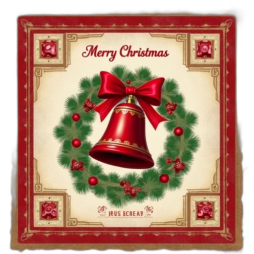 vintage-style, postcard, red, gold, border, featuring, large, bell transparent PNG cut-out