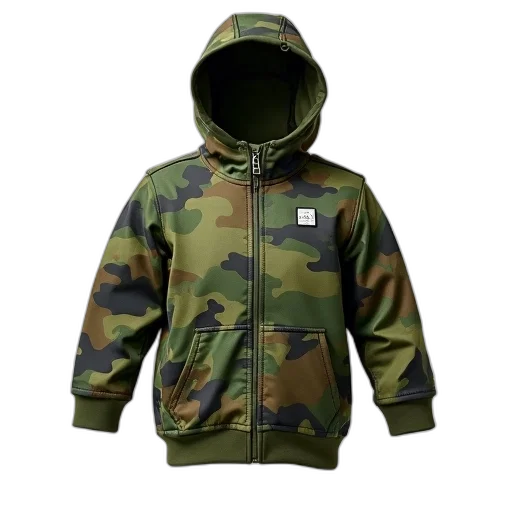 jacket, green, child, camouflage, zipper, small, logo, chest transparent PNG cut-out