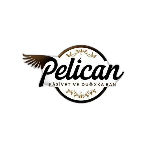 stylized, logo, featuring, word, pelican, cursive, script, letters transparent PNG cut-out