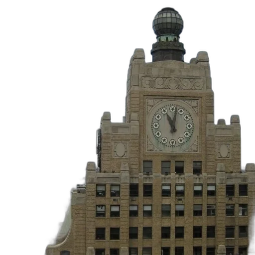 building, 3d render, city street, earth tones, large, clock, tower, green transparent PNG cut-out