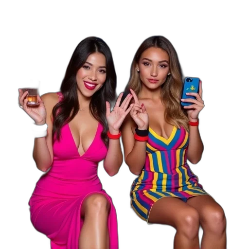 dress, two, women, sitting, couch, club, one, wearing transparent PNG cut-out