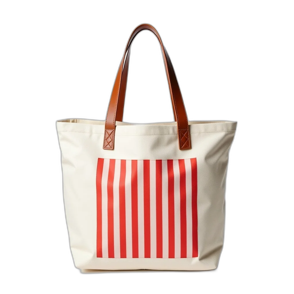 3d render, white, canvas, tote, bag, red, striped, patch transparent PNG cut-out