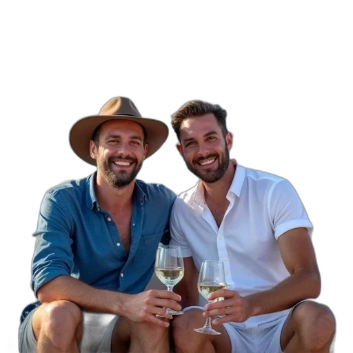 hat, bottle, furniture, umbrella, two, men, sitting, boat transparent PNG cut-out