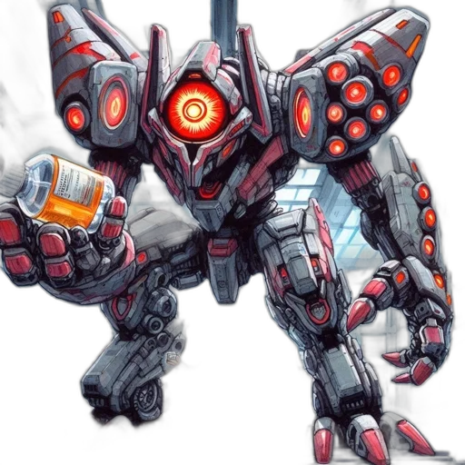 robot, weapon, concept art, watercolor, comic book art, 3d render, elaborate, red-eyed transparent PNG cut-out