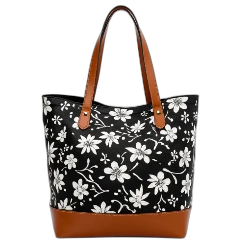monochrome, black, white, floral, patterned, tote, bag, brown transparent PNG cut-out