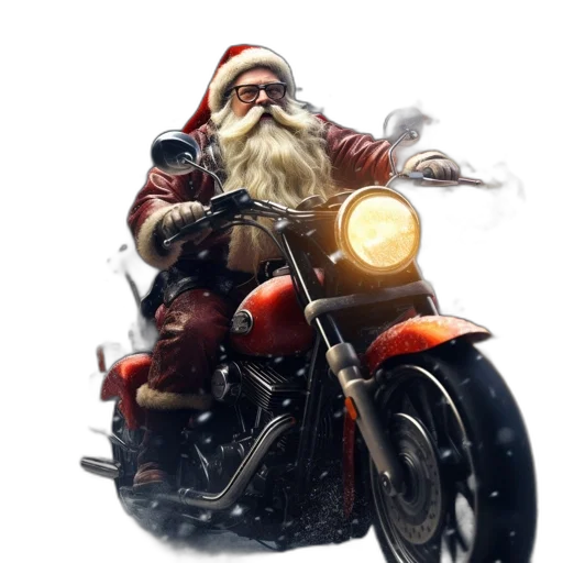 photorealistic, concept art, santa, claus, rides, red, motorcycle, festive transparent PNG cut-out