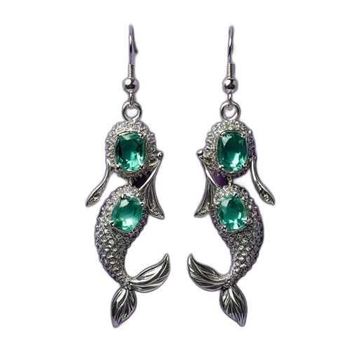 jewelry, pair, silver, earrings, mermaid, design, featuring, green transparent PNG cut-out