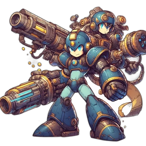 weapon, robot, concept art, pixel art, fantasy art, comic book art, blue, two transparent PNG cut-out
