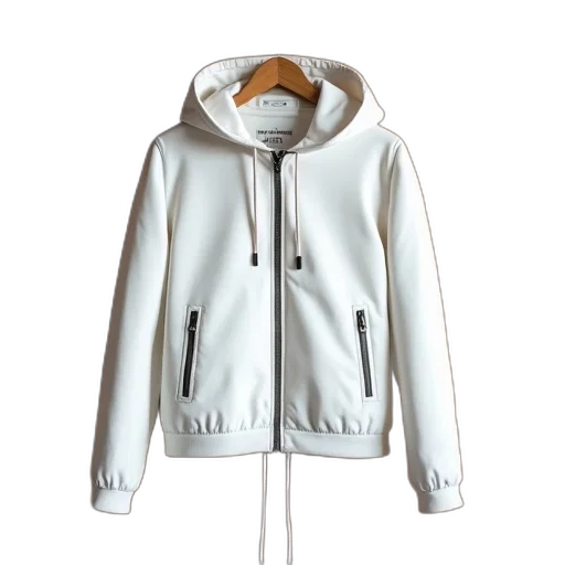 jacket, monochrome, white, hood, hanging, wooden, hanger, against transparent PNG cut-out