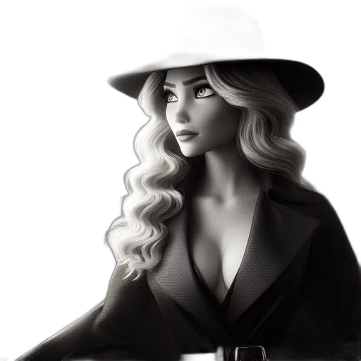 hat, dress, photorealistic, cartoon, fantasy art, concept art, monochrome, woman transparent PNG cut-out