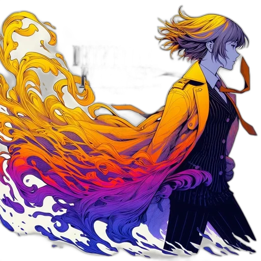 dragon, hair, dress, staff, concept art, fantasy art, watercolor, comic book art transparent PNG cut-out