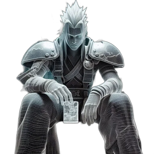 robot, sword, mask, concept art, fantasy art, 3d render, comic book art, monochrome transparent PNG cut-out