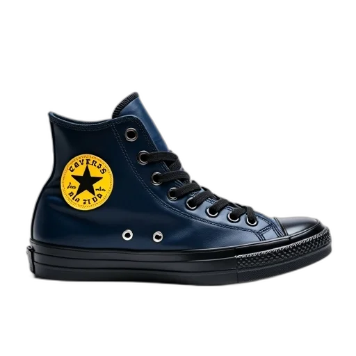 shoes, photorealistic, black, blue, sneaker, yellow, star, logo transparent PNG cut-out
