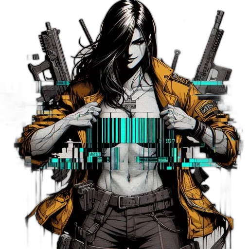 jacket, weapon, cyberpunk, comic book art, concept art, pixel art, blue, woman transparent PNG cut-out
