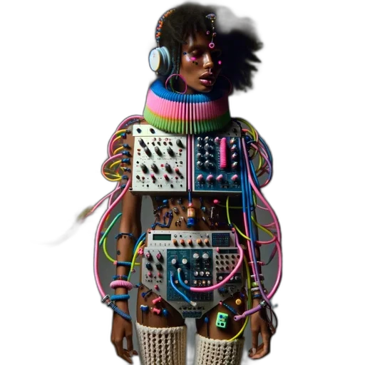 robot, jacket, jewelry, dress, cyberpunk, concept art, 3d render, neon transparent PNG cut-out