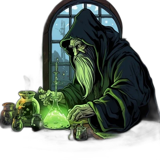 fantasy art, concept art, pixel art, comic book art, green, elderly, wizard, works transparent PNG cut-out