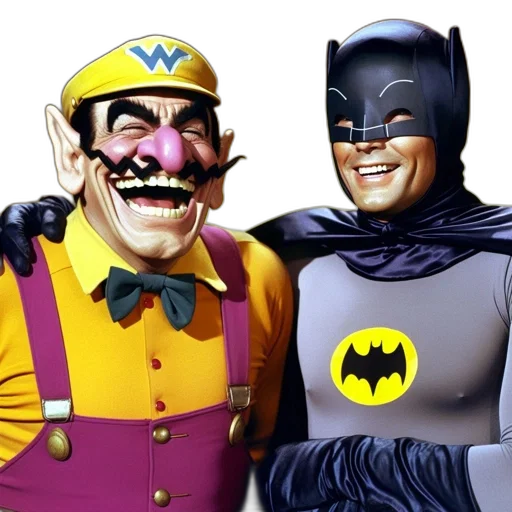 comic book art, concept art, two, characters, clown, batman-like, figure, side transparent PNG cut-out