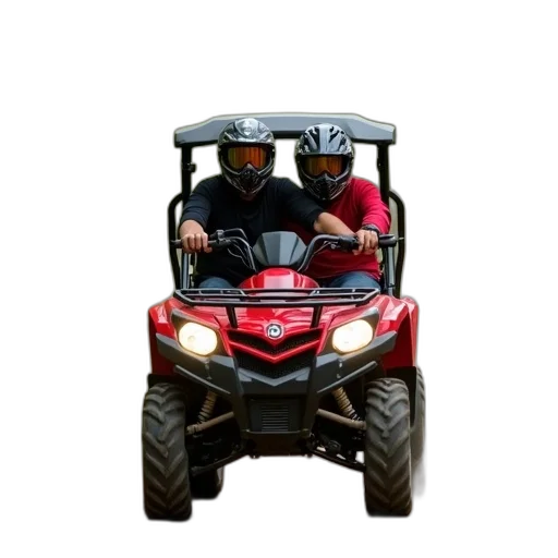car, red, atv, driving, dirt, road, surrounded, trees transparent PNG cut-out
