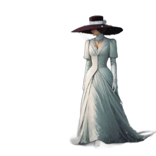 dress, hat, concept art, 3d render, fantasy art, photorealistic, monochrome, blue transparent PNG cut-out