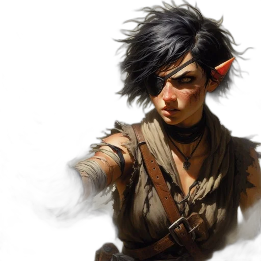fantasy art, concept art, photorealistic, comic book art, character, elf-like, features, scarred transparent PNG cut-out