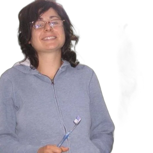 staff, jacket, woman, gray, hoodie, holds, toothbrush, while transparent PNG cut-out