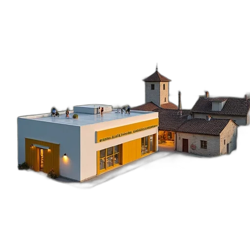 building, 3d render, concept art, photorealistic, city street, modern, flat, roof transparent PNG cut-out