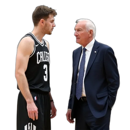 basketball, player, black, white, uniform, talking, older, man transparent PNG cut-out