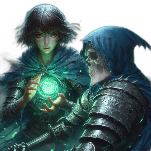 sword, fantasy art, concept art, comic book art, green, blue, woman, glowing transparent PNG cut-out