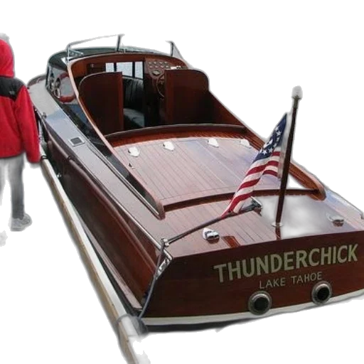 3d render, wooden, boat, named, thunderchick, docked, lake, tahoe transparent PNG cut-out