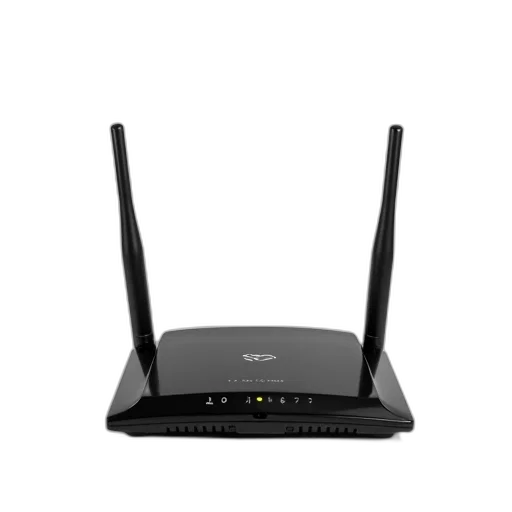 black, wireless, router, two, antennas, displayed, against, white transparent PNG cut-out