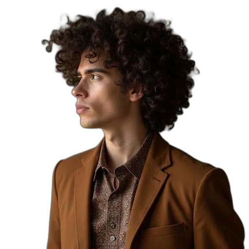 jacket, hair, face, staff, photorealistic, cartoon, earth tones, golden transparent PNG cut-out