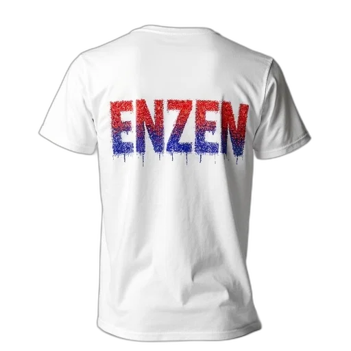 white, t-shirt, word, enzen, spelled, out, red, blue transparent PNG cut-out