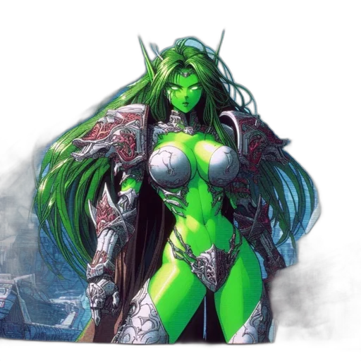 fantasy art, concept art, comic book art, pixel art, green, armored, female, figure transparent PNG cut-out