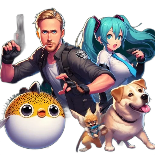 weapon, animal, creature, anime, pixel art, concept art, cartoon, ensemble transparent PNG cut-out