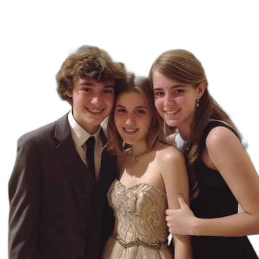 dress, photorealistic, three, teenagers, two, females, one, male transparent PNG cut-out