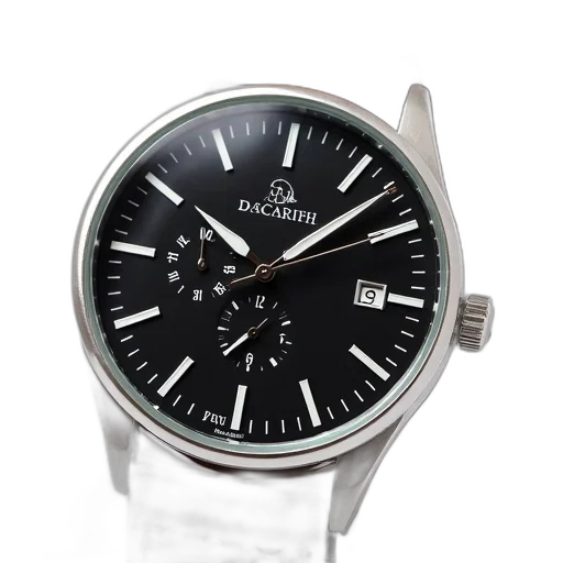close-up, image, wristwatch, black, dial, silver, casing, brown transparent PNG cut-out