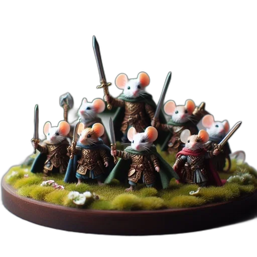 staff, concept art, anthropomorphic, mice, armor, wielding, weapons, displayed transparent PNG cut-out