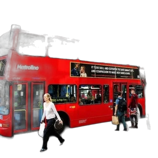 photorealistic, 3d render, concept art, city street, snow, red, double-decker, bus transparent PNG cut-out