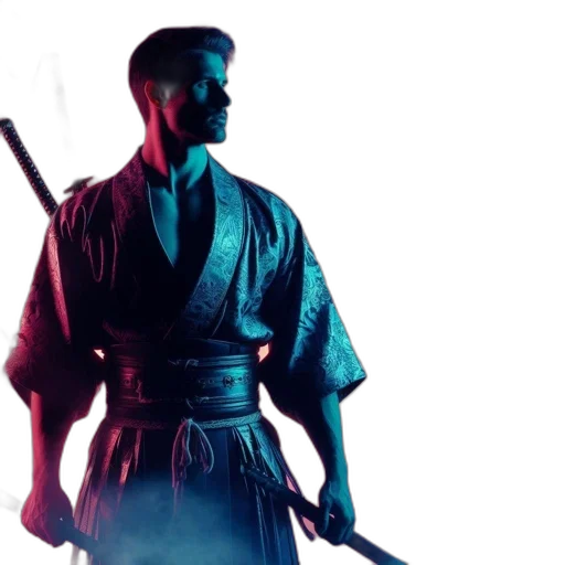 sword, staff, weapon, concept art, photorealistic, 3d render, cyberpunk, man transparent PNG cut-out