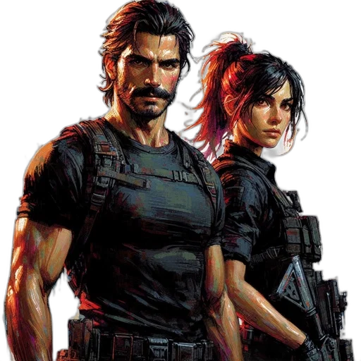 concept art, comic book art, cyberpunk, pixel art, two, tactical, characters, male transparent PNG cut-out