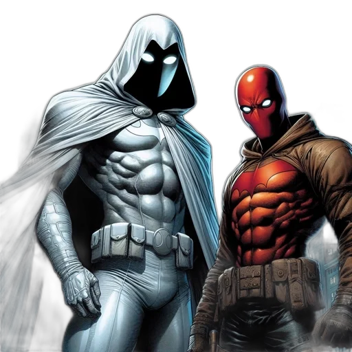 comic book art, concept art, two, iconic, superhero, characters, pose, bright transparent PNG cut-out