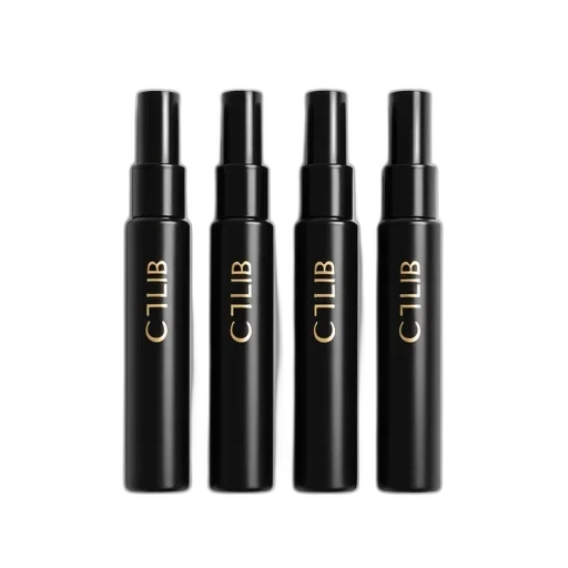 set, four, black, cylindrical, makeup, products, gold, lettering transparent PNG cut-out