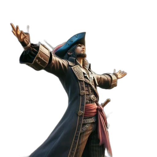 jacket, hat, concept art, fantasy art, 3d render, photorealistic, man, pirate-like transparent PNG cut-out