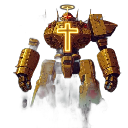robot, weapon, concept art, fantasy art, pixel art, 3d render, golden, towering transparent PNG cut-out